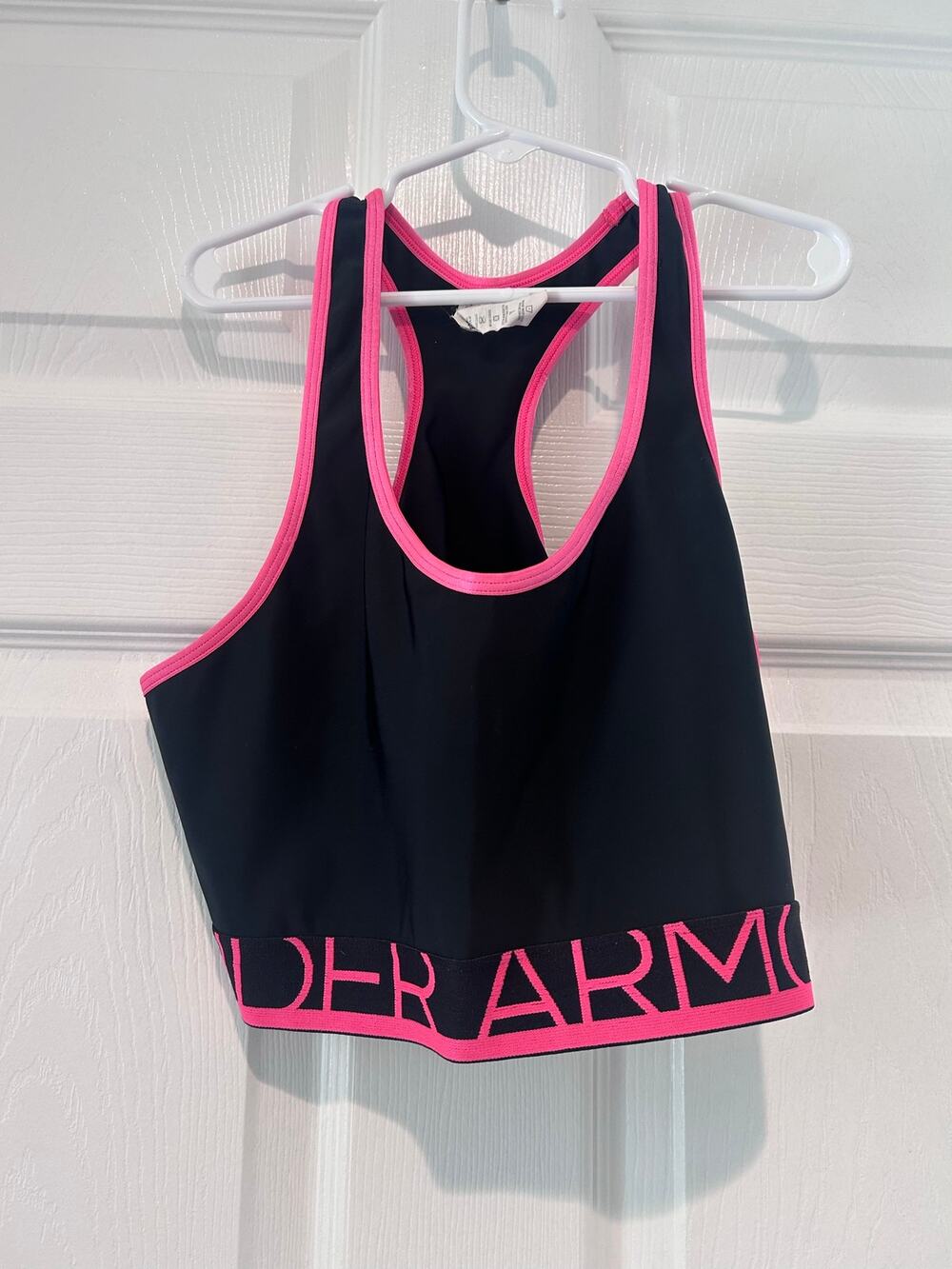 Under Armour Sports Bra Mid Crossback HeatGear Pink Black Workout Gym L Active
